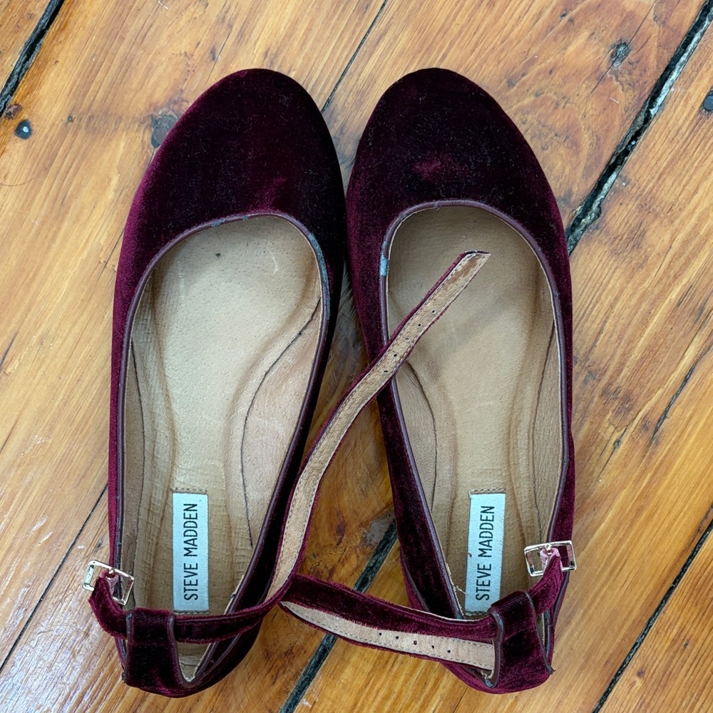 Steve Madden Burgundy Velvet Ankle-Strap Flats